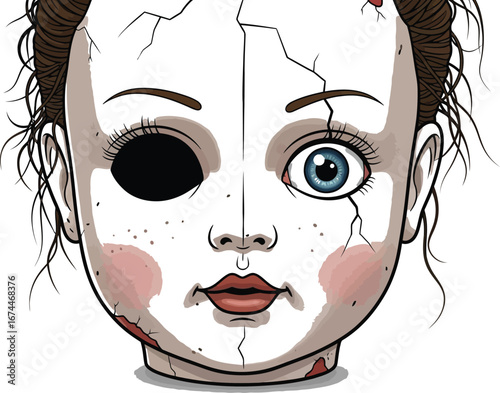 Creepy doll face with cracks and one missing eye stares intensely at the viewer