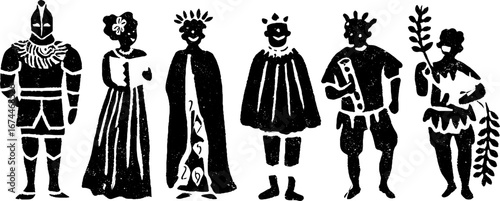 Medieval linocut people collection featuring knight in armor and lady for print design