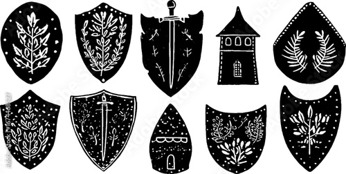 Medieval shield collection with kite and round shields for design and decor
