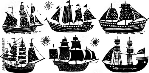 Medieval ships collection: linocut silhouettes of cog, knarr, and galley for nautical designs