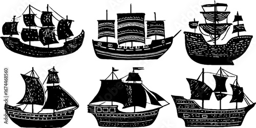 Medieval ship linocut collection: cog, knarr, and galley designs for nautical and vintage art