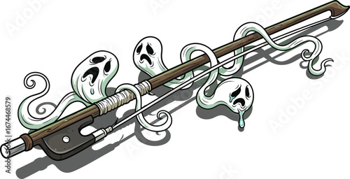 Spooky violin bow is haunted by sad ghosts creating a ghostly musical vibe