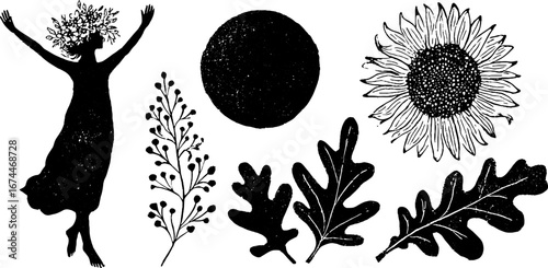 Midsummer celebration elements: bonfire, flower crown, sun, and foliage designs for creative projects