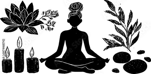 Mindfulness meditation with lotus and incense silhouette design for relaxation and wellness