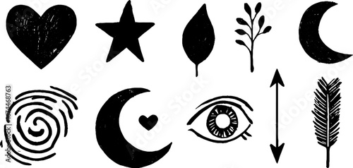 Celestial and nature linocut mini icon set for artistic designs