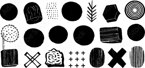 Minimalist linocut abstract icon collection with textured dots and lines for artistic design