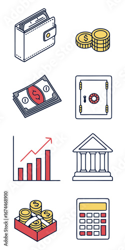 Financial Icons Wallet, Coins, Money, Growth, Calculator, and Bank Illustration Set