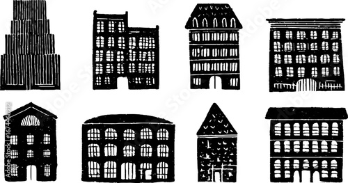 Modern skyscraper and office buildings linocut collection - ideal for urban design projects