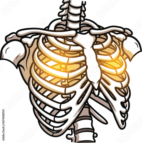 Anatomical illustration of a human rib cage with glowing light inside bones