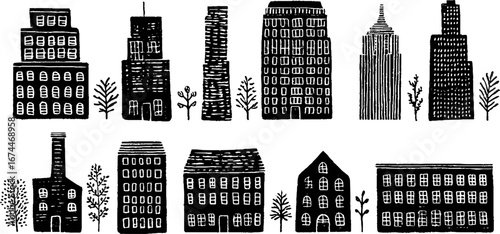 Linocut modern buildings set featuring skyscrapers and offices for urban design projects
