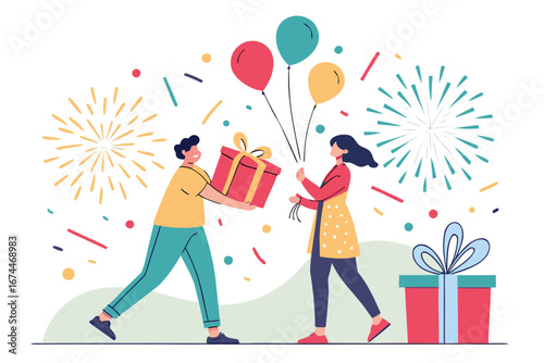 Vibrant Vector Illustration of Friends Happily Exchanging Gifts at a Joyful Celebration, Surrounded by Festive Balloons, Confetti, and Fireworks