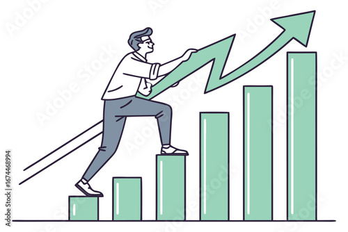 Ambitious businessman climbing a financial bar chart, symbolizing career growth, market success, and strategic progress in a modern corporate environment, achieving upward momentum