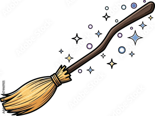 Cartoon witch's broom with a wooden handle and straw bristles surrounded by stars