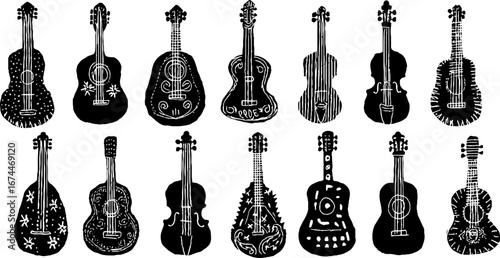 Seamless musical pattern with guitars and notes in linocut style for artistic design