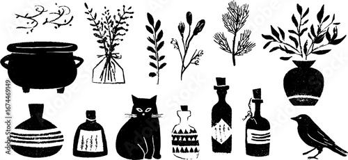 Mystical linocut composition with witch cauldron, herbs, and bottles for boho design
