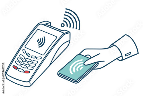 Vector illustration of a hand using a credit card for a contactless payment on a POS terminal, showcasing a tap-to-pay transaction
