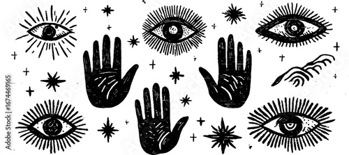 Mystical linocut icons set with open hands and eyes for spiritual designs
