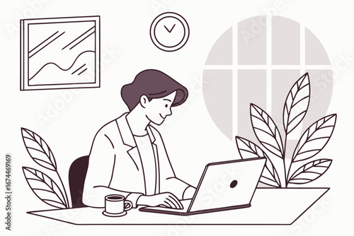 Young woman working on a laptop at her desk, surrounded by plants and a coffee cup, in a bright, modern office setting