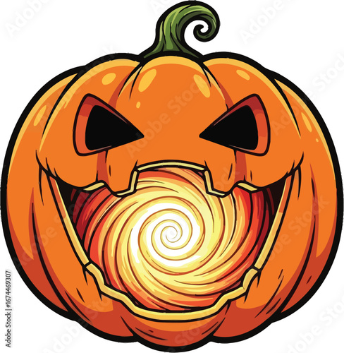 Cartoon halloween pumpkin with a swirling light inside its mouth on white background