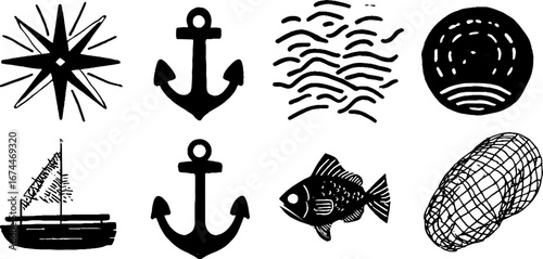 Nautical linocut symbols collection with compass rose and anchor designs for marine-themed art