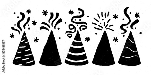 Festive new year linocut border design with party hats and streamers for holiday celebrations