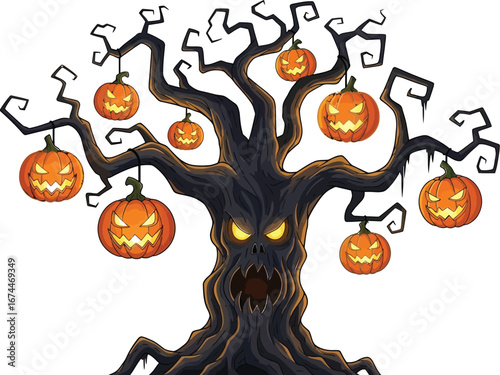 Spooky halloween tree with glowing jacko'lanterns hanging from its bare branches