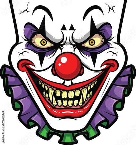 Scary clown face with sharp teeth and a red nose on a white background art