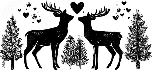Nordic linocut seamless pattern with reindeer and pines in boho style for holiday designs