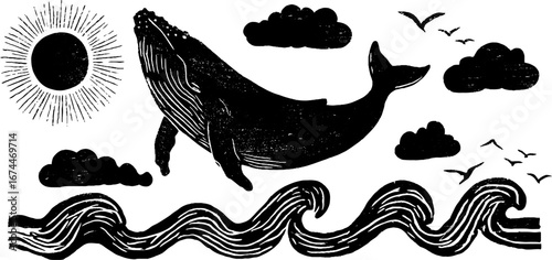 Whale jumping over ocean waves in celestial linocut style for nautical design