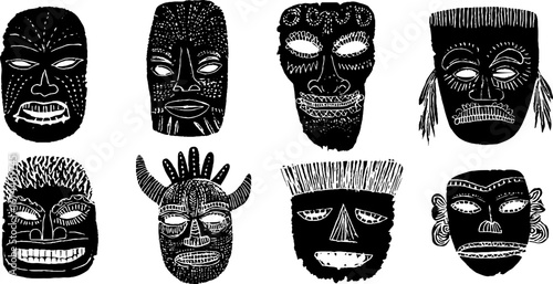 Linocut oceanic masks collection featuring melanesian designs for cultural and artistic projects