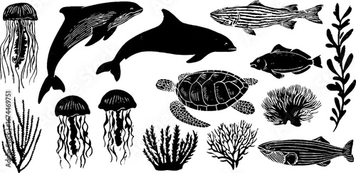 Oceanic wildlife linocut collection: dolphins, turtles, and marine life for pattern design
