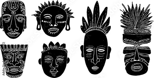 Linocut oceanic masks collection: melanesian tribal art for cultural decoration and design