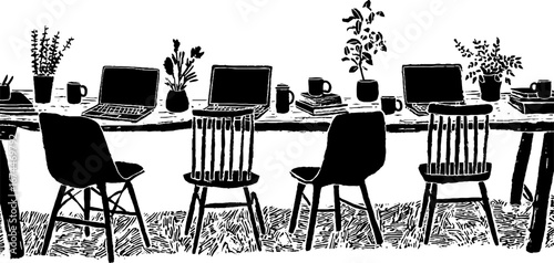 Linocut office seamless pattern with laptops, pens, and mugs for creative design