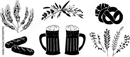 Oktoberfest celebration design featuring beer mugs and pretzels in linocut style for bar decorations