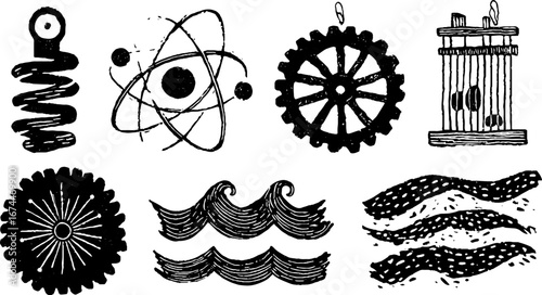 Linocut physics collection with atom symbol, magnet, and pendulum for educational design