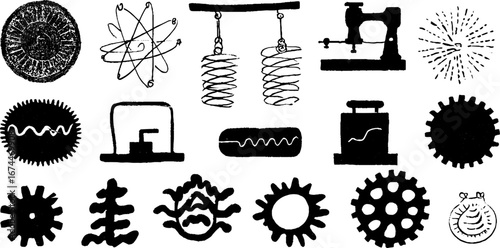 Linocut physics symbols collection featuring atom magnet pendulum for educational design