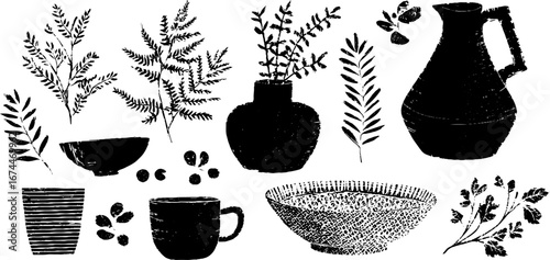 Linocut pottery craft set with potters wheel and clay elements for creative design