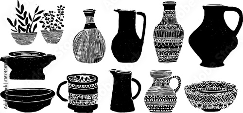 Linocut pottery craft collection with clay pots and potters wheel design