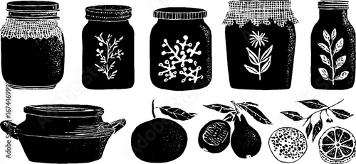 Linocut jars of jam seamless pattern for vintage preservation design