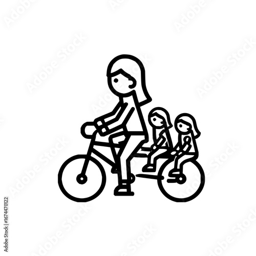 Family bike ride illustration featuring mother and two children in minimalist black and white design style
