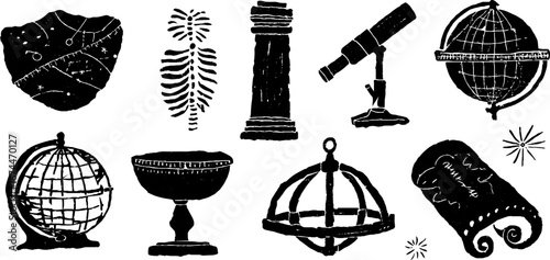 Renaissance science linocut set with astrolabe, globe, and telescopic designs for vintage decor