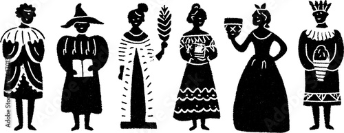 Renaissance linocut people set featuring scholars and figures in traditional attire for vintage design