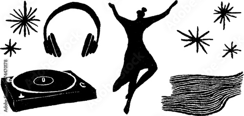 Vintage linocut music composition with record player and headphones for artistic design