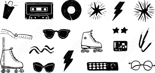 Retro linocut icons collection featuring cassette tapes, vinyl records, and roller skates for vintage design projects