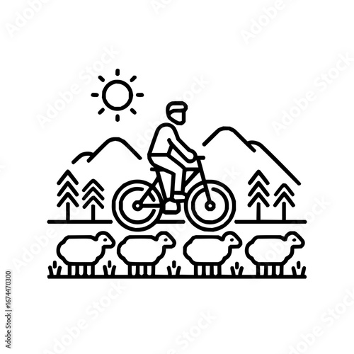 Mountain biking adventure scenic landscape with sheep and trees vector illustration line art style design 100