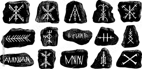 Ancient nordic linocut runestones set featuring fehu runes for mystic scandinavian design