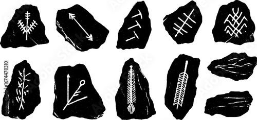 Ancient rune stones with fehu symbol linocut collection for nordic themed designs
