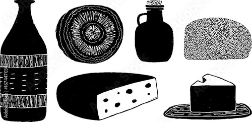 Rustic dairy composition with milk jug and cheese linocut design for vintage decor