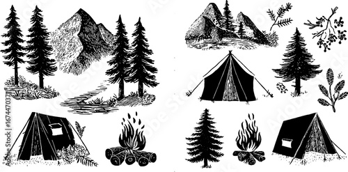 Rustic journey composition with campfire and mountain scenery for woodland design