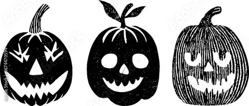Halloween linocut mask collection: pumpkin and skull faces for spooky design